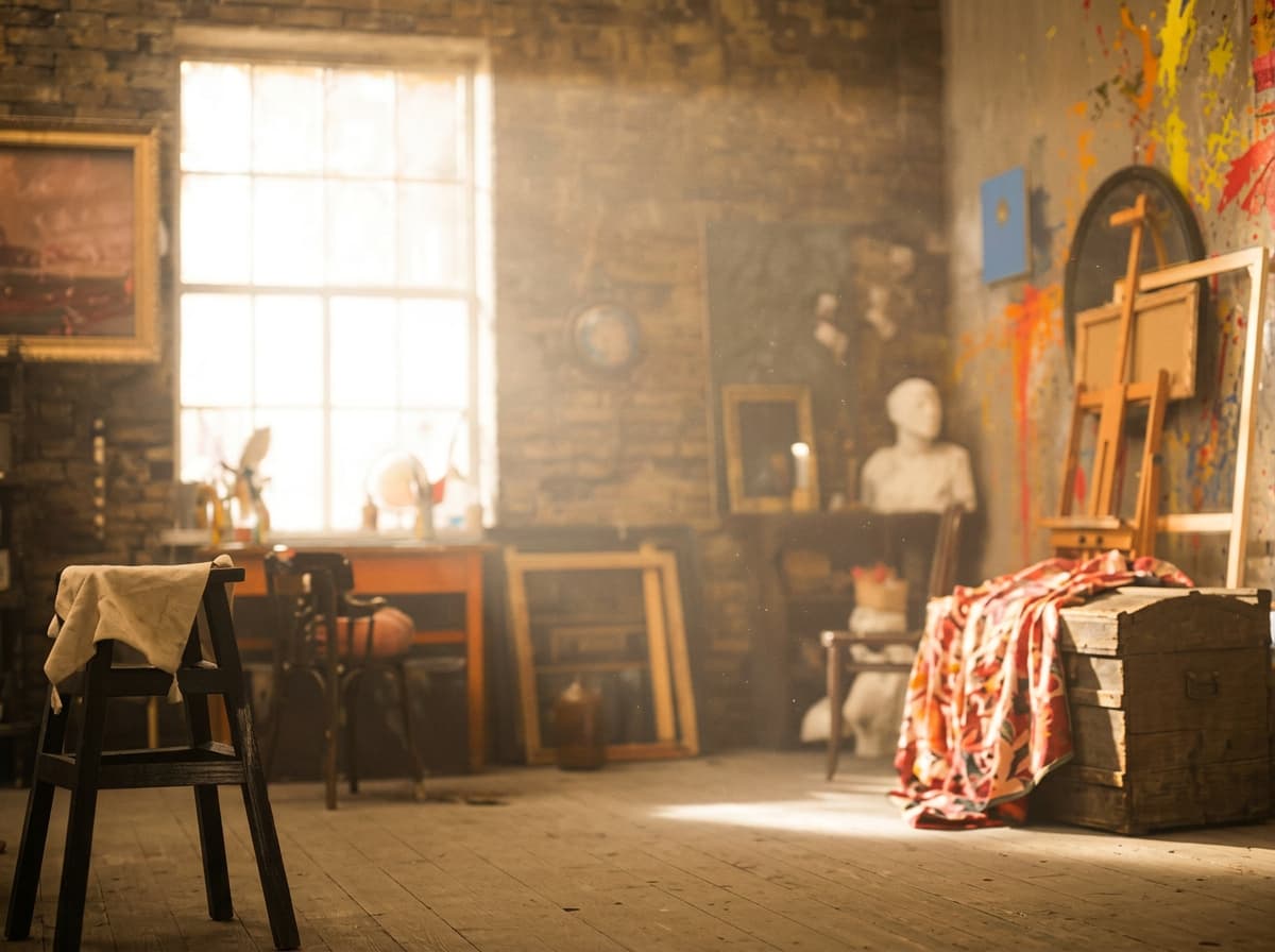 A working artist's studio with an easel, stacked canvases and daylight from a tall window.
