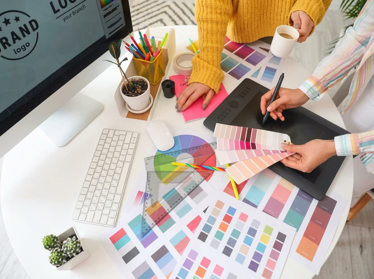 Two designers working over colour swatch fans, printed palettes and a graphics tablet.