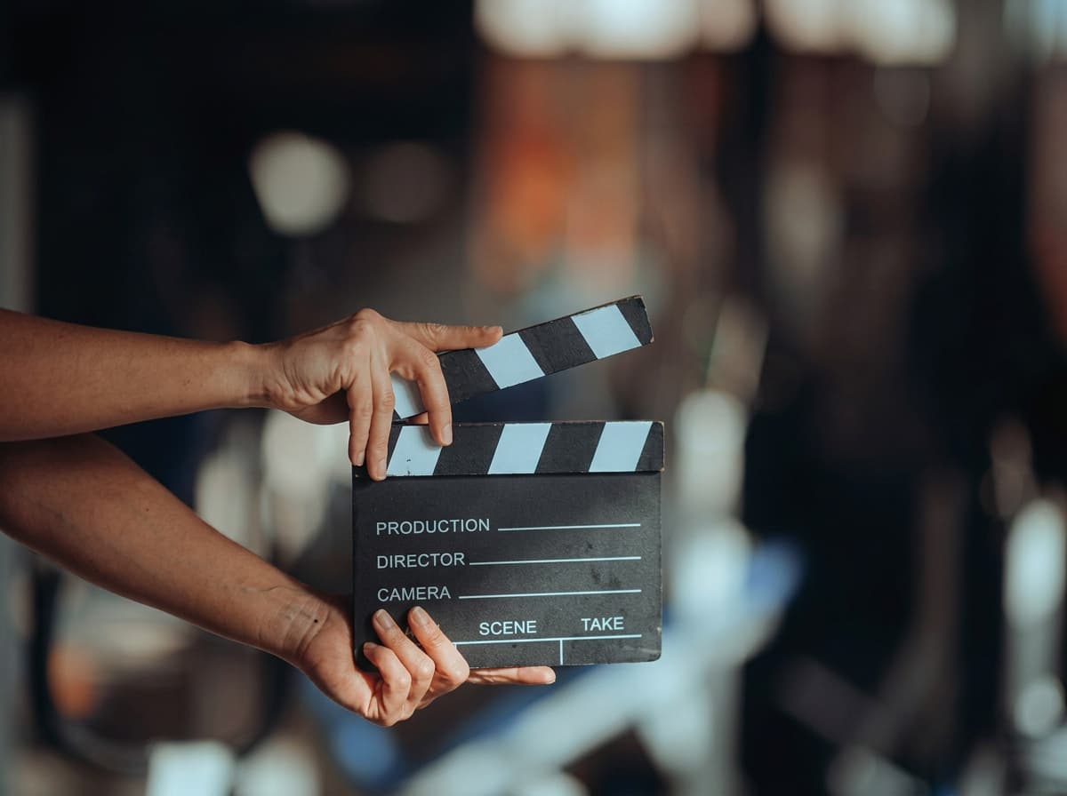 Hands holding a film clapperboard in front of out-of-focus set lights.