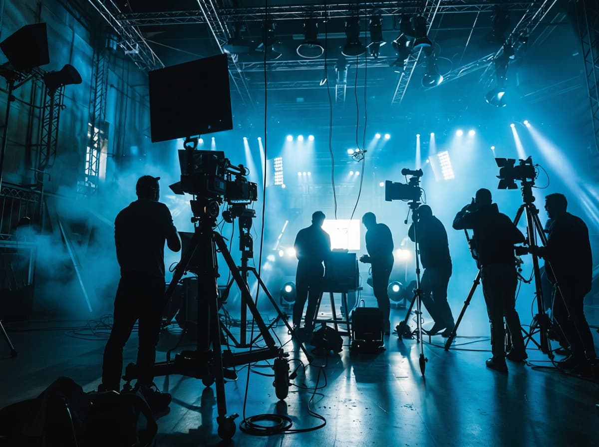 A film crew silhouetted behind cameras and tripods on a smoke-lit studio floor.