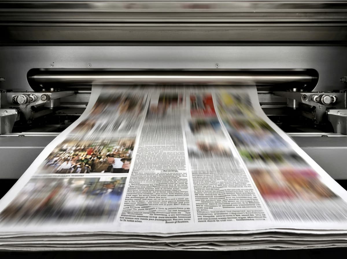 Newspaper pages running through a printing press at speed.