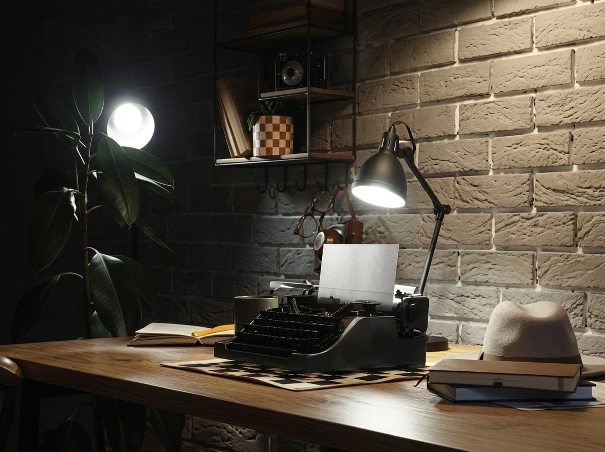 A typewriter, notebooks and a desk lamp on a wooden writing desk against a brick wall.