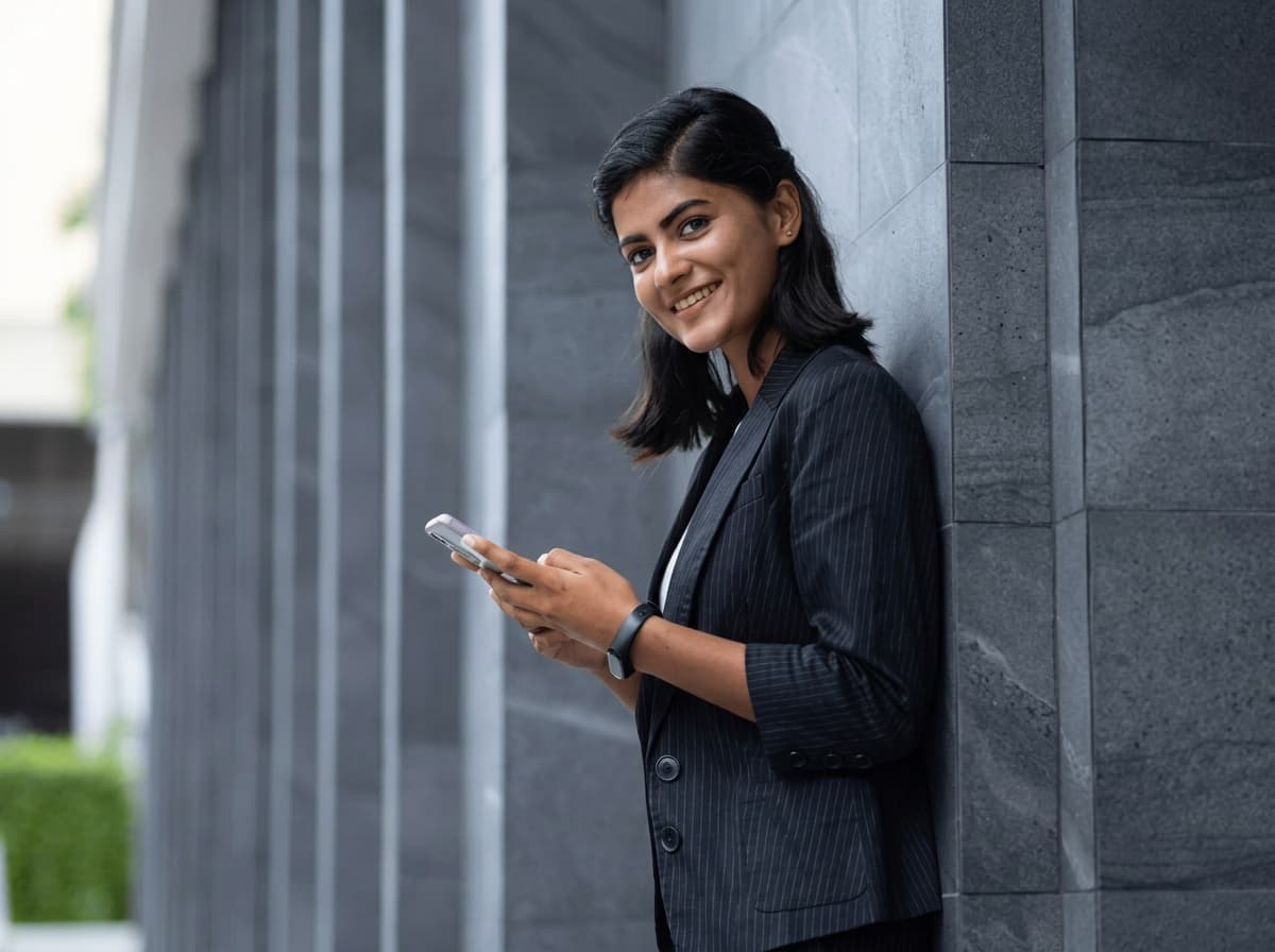 A graduate in a blazer outside a city office building.