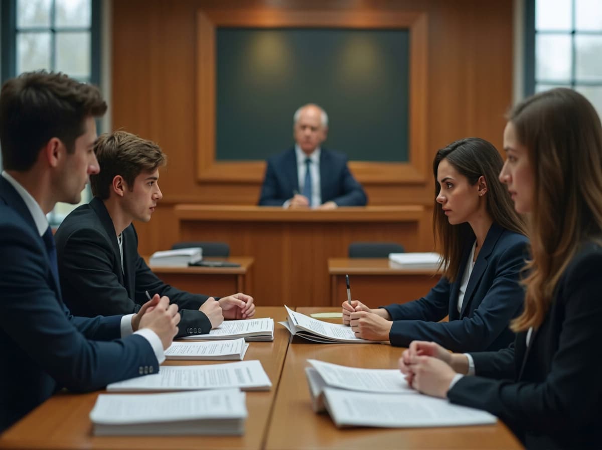 Law students presenting a case across a table in a moot court room.