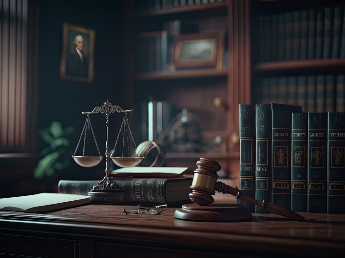 Brass scales and a gavel on a desk beside bound legal volumes.