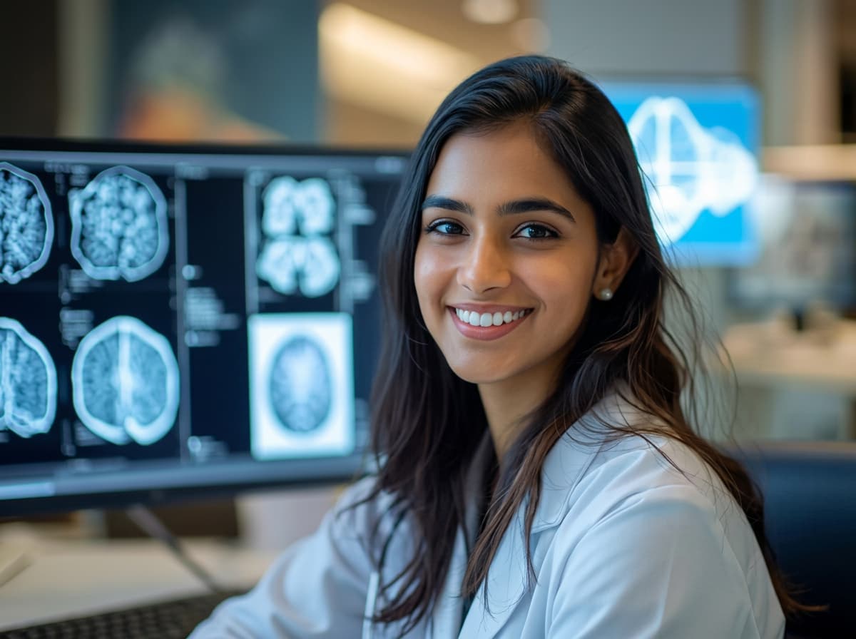 A clinician in a white coat beside reporting monitors showing a series of brain scans.