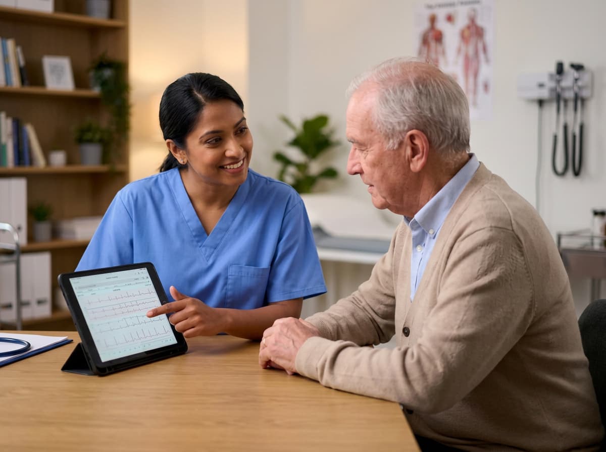A nurse in blue scrubs pointing out a heart trace on a tablet to an older patient across a clinic desk.