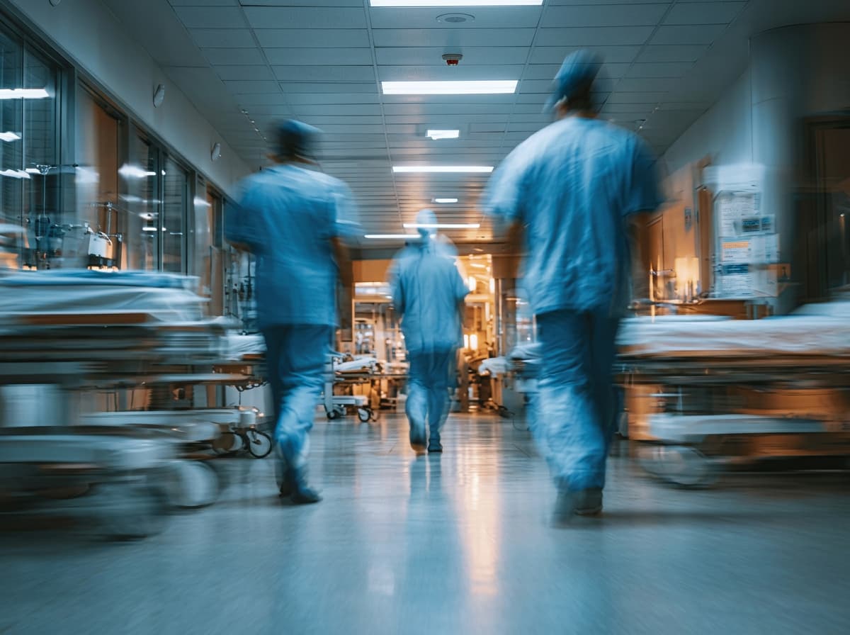 Staff in scrubs moving down a hospital corridor past trolleys, caught in motion blur.