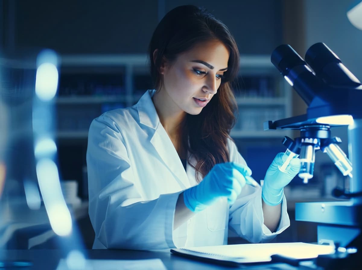 A researcher in a white coat and gloves loading a slide onto a microscope in a dark laboratory.