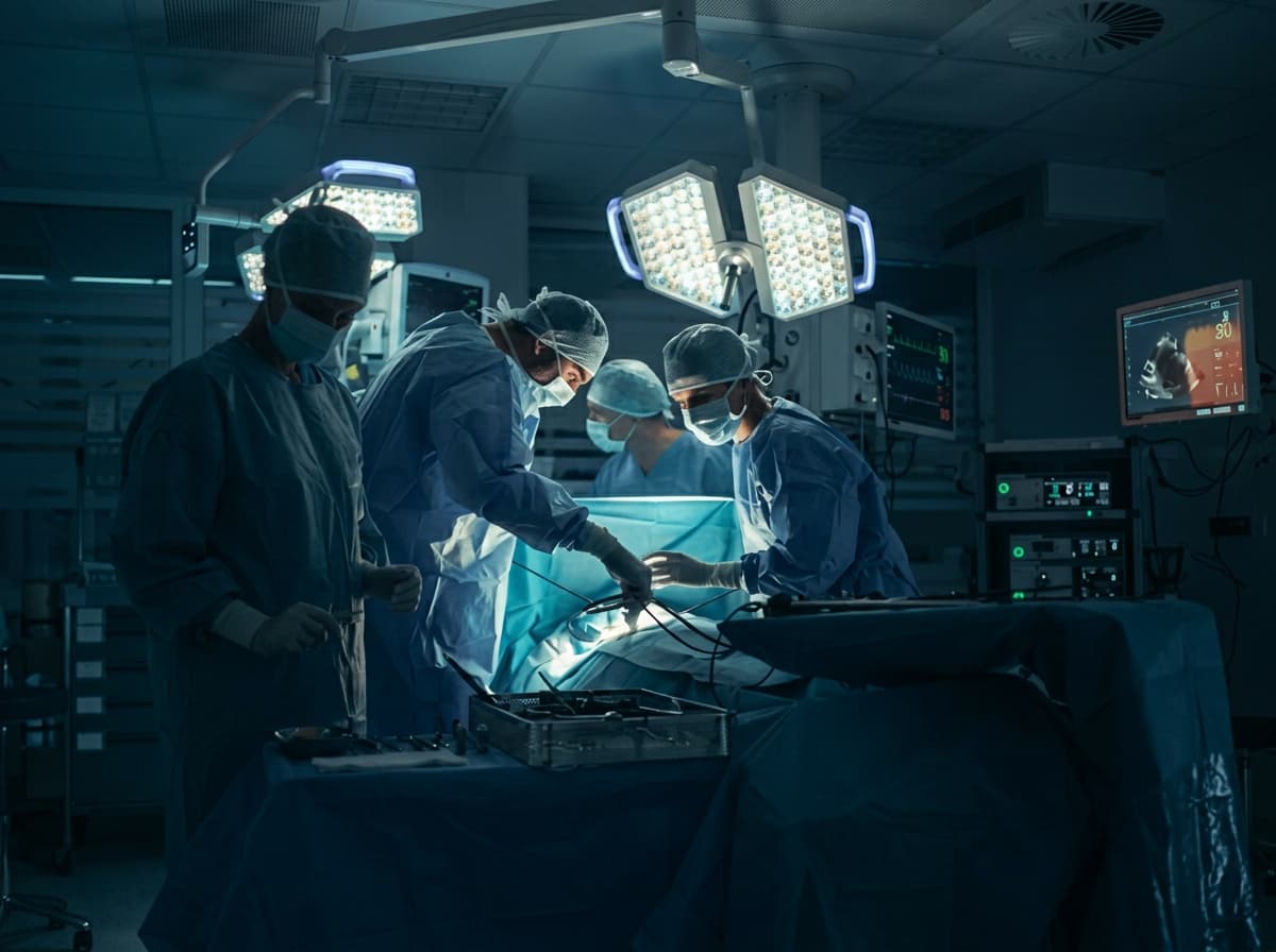 A gowned surgical team working under theatre lamps in a darkened operating room.
