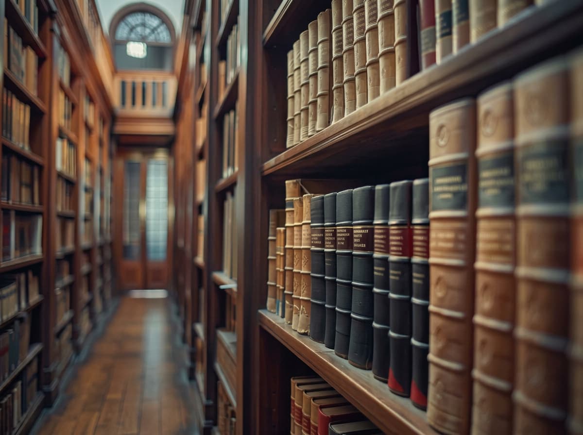 Rows of bound law reports on library shelves.