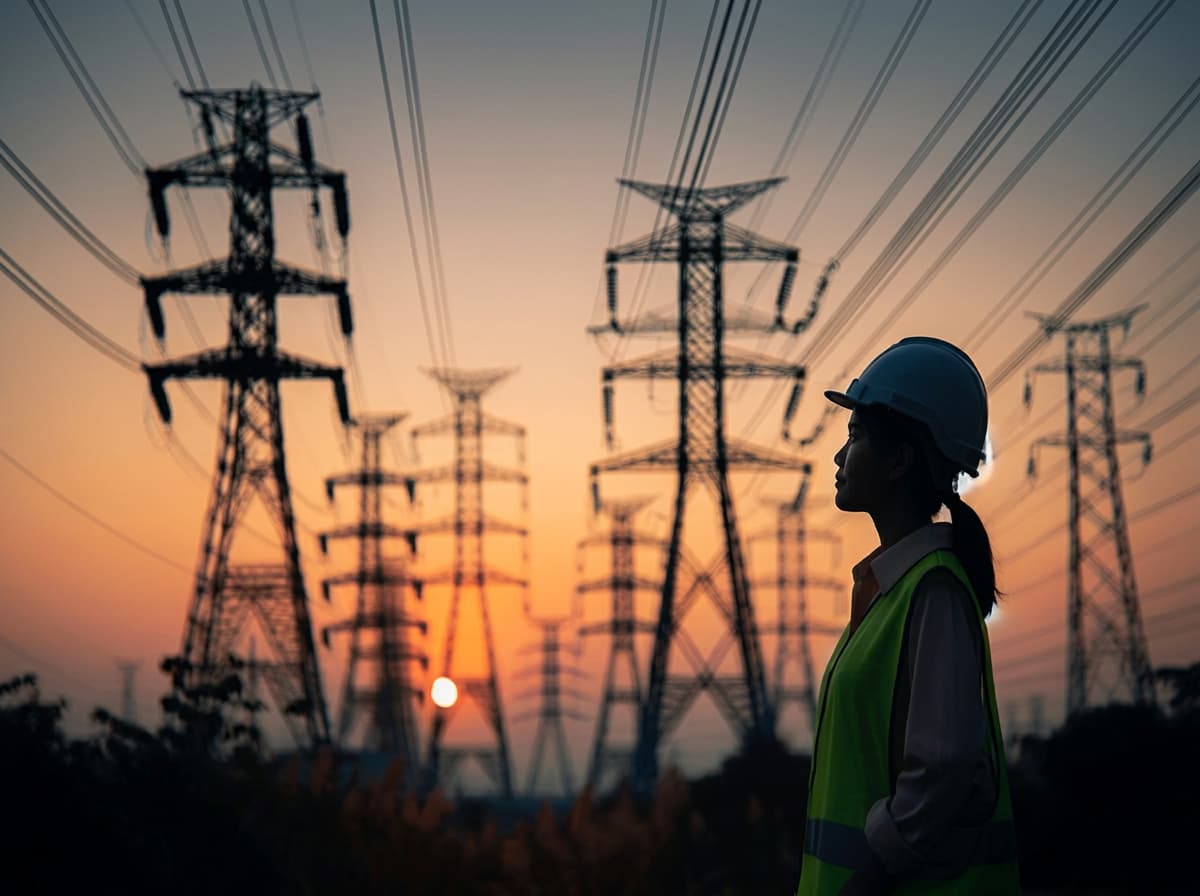An engineer in a hard hat and high-visibility vest silhouetted against transmission pylons at sunset.
