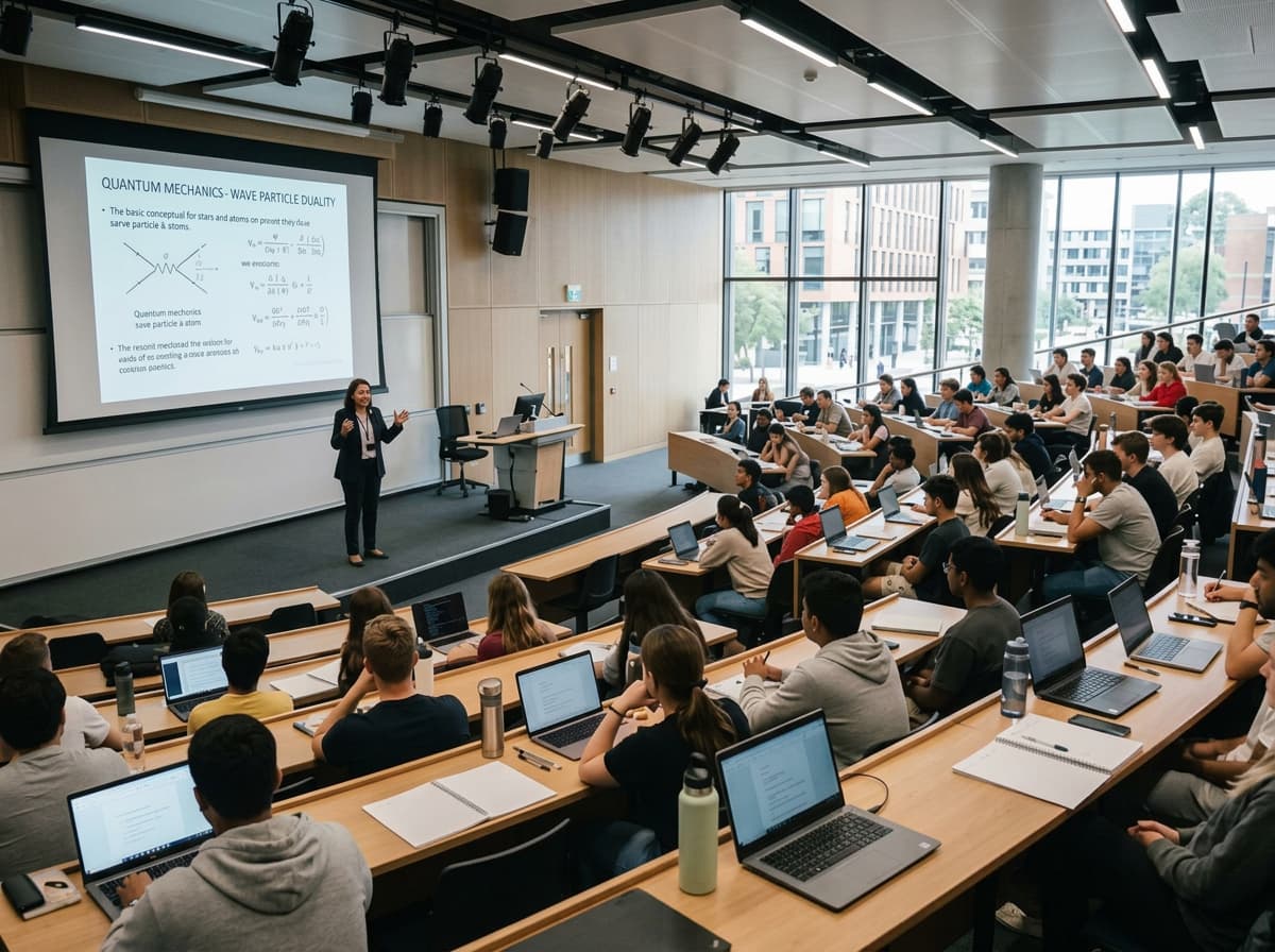 A packed university lecture theatre, students at laptops, a quantum mechanics slide on the screen.