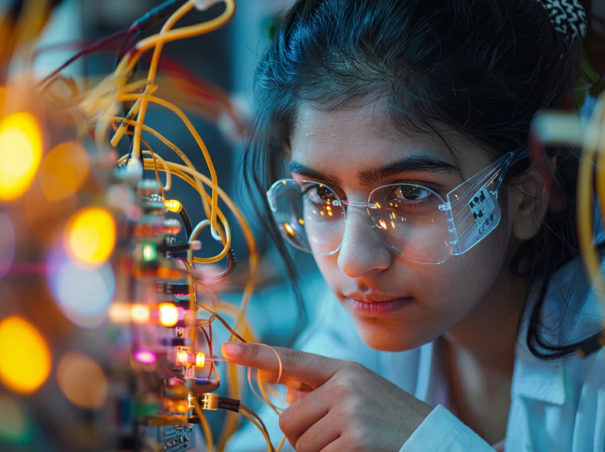 A student in clear safety glasses leaning close to a wired circuit board with lit indicators.