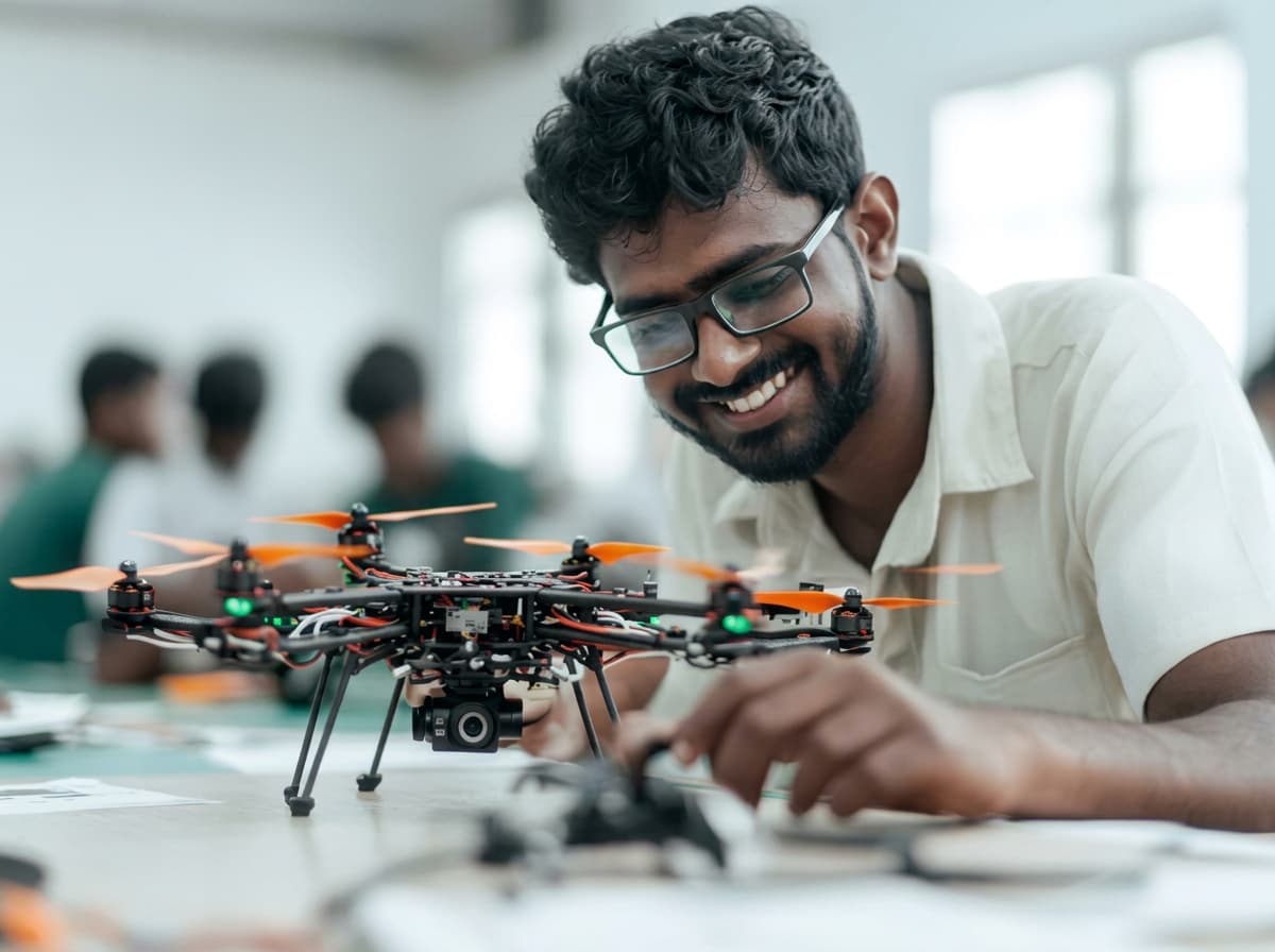 A student assembling a quadcopter drone at a workshop bench while classmates work behind.