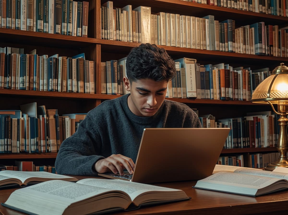 A student working at a laptop between open books in a university library.