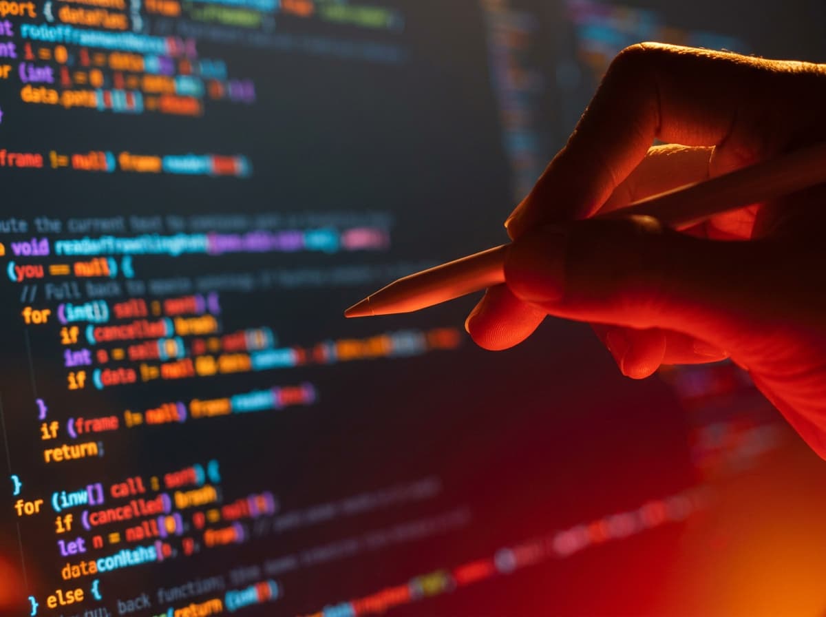 A hand holding a stylus above a screen of colour-highlighted code.