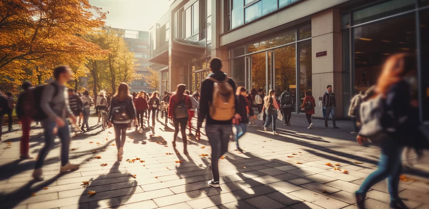 Students walking along a sunlit campus street in autumn, long shadows and orange trees on both sides.