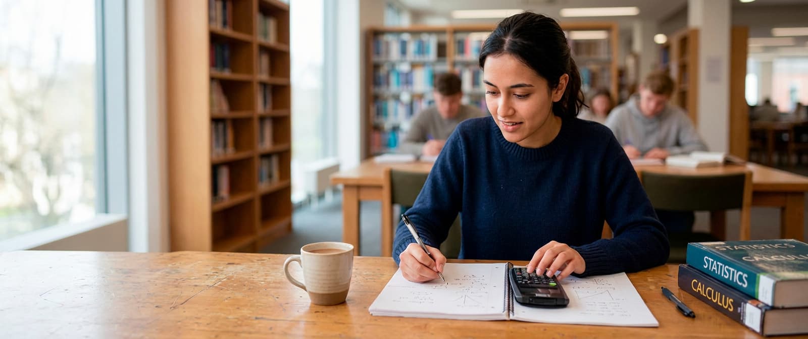 A student working through statistics problems with a calculator at a long library table by a window.