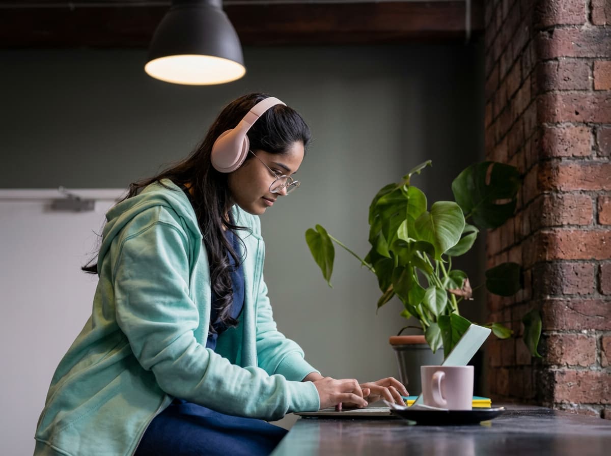 A student in a mint hoodie and headphones working on a laptop at a counter beside a brick wall and a plant.