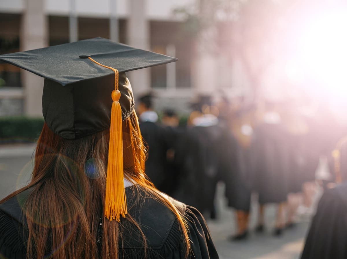 A graduate in cap and gown with a gold tassel at a graduation ceremony.