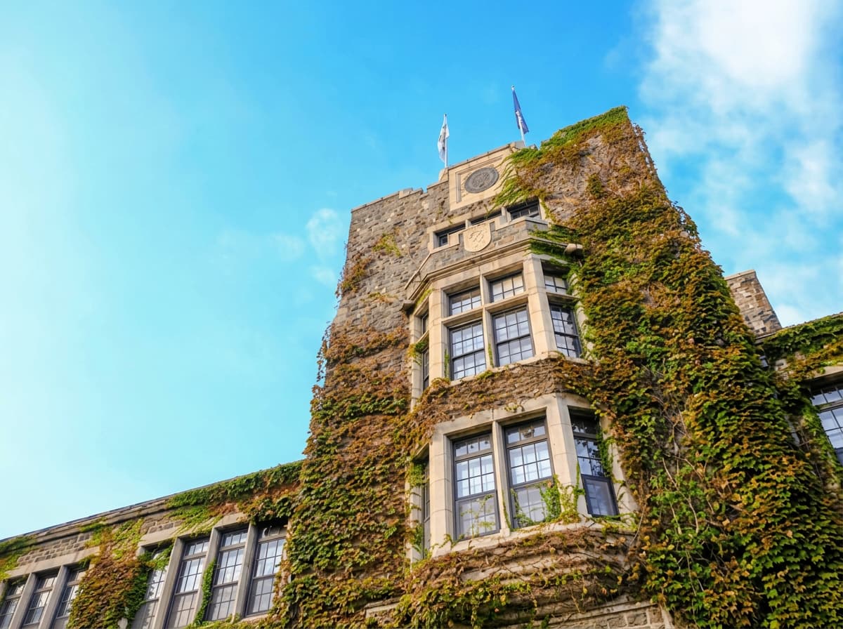 An ivy-covered stone tower against a bright summer sky.