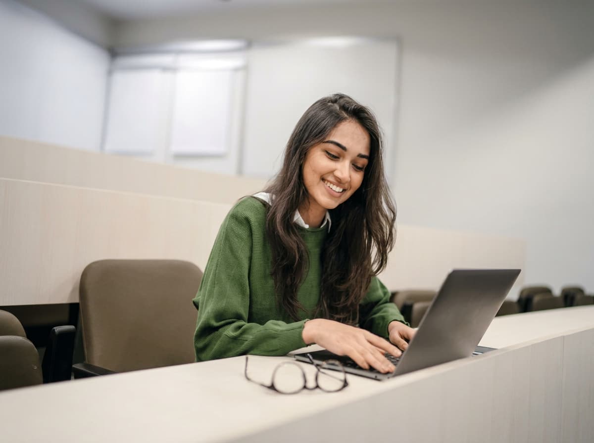 A student working on a laptop in a tiered university lecture room.