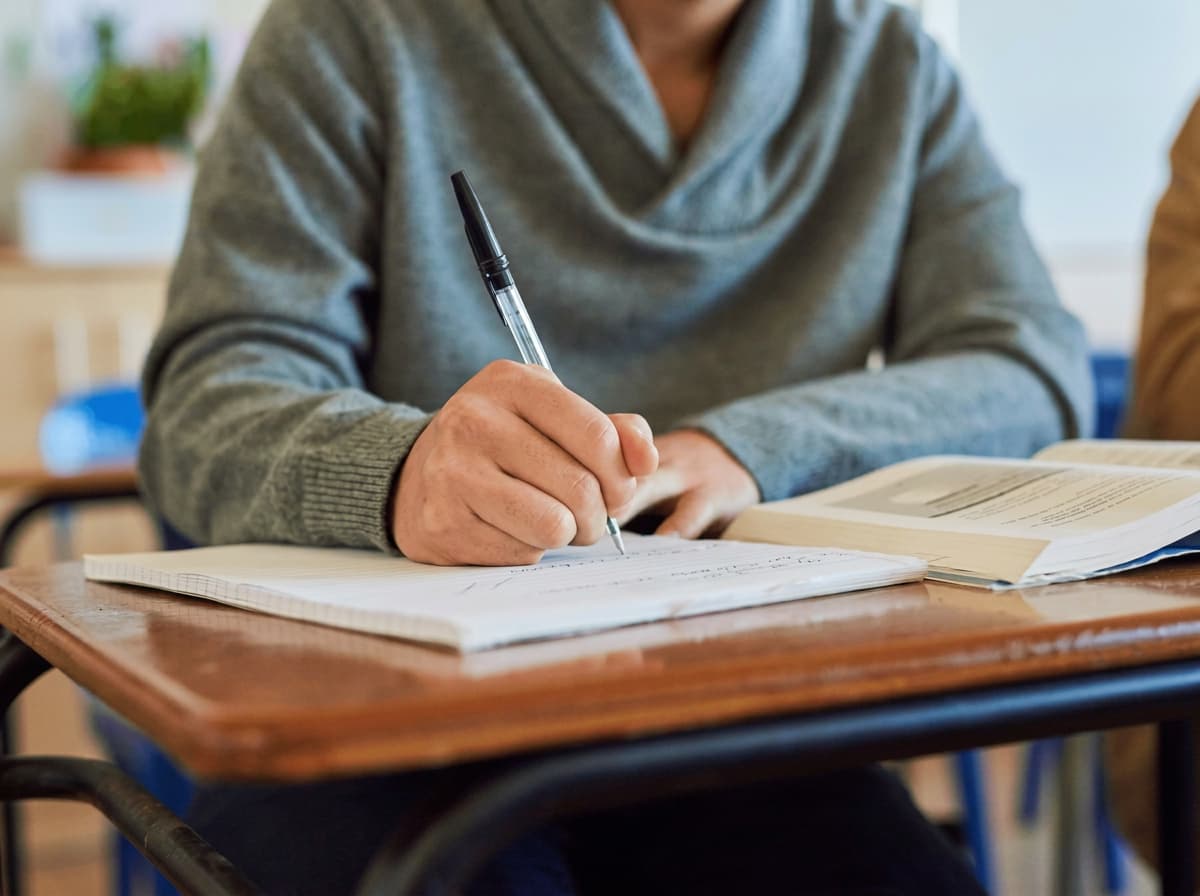 A student writing notes by hand beside an open textbook.