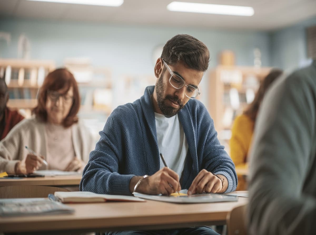 A student taking notes in a classroom alongside local classmates.
