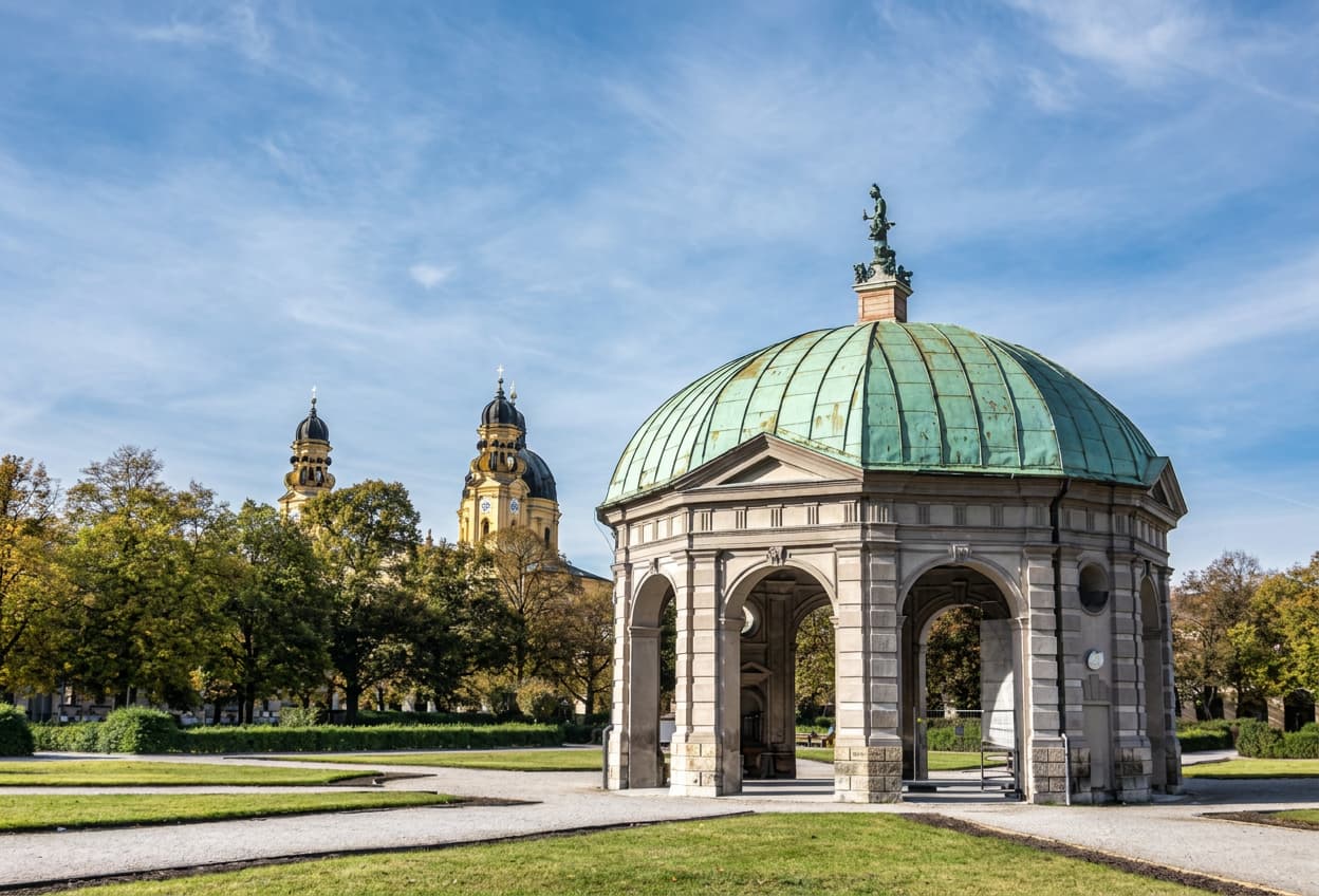 A historic domed pavilion in Munich's Hofgarten with church towers beyond, in Germany.