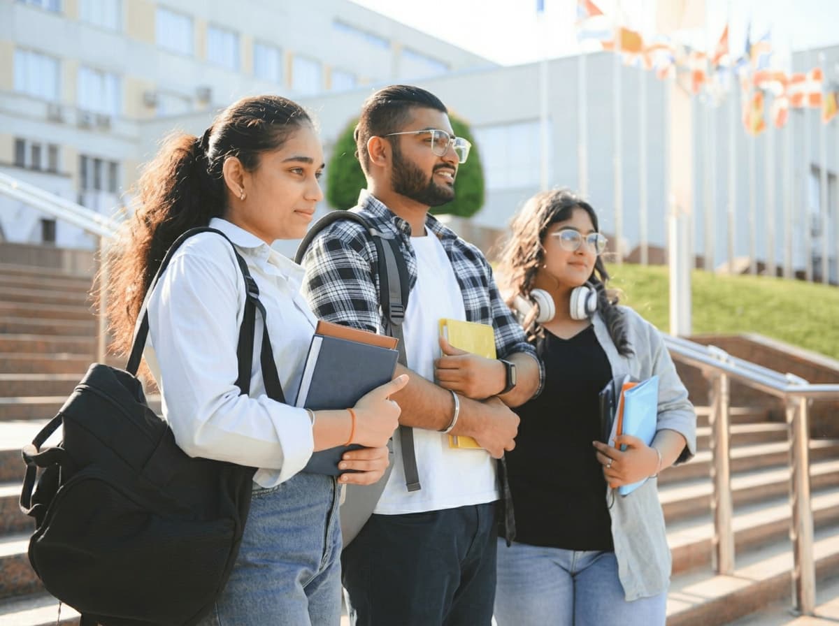 Three Indian students with backpacks and books on campus steps, below a row of international flagpoles.