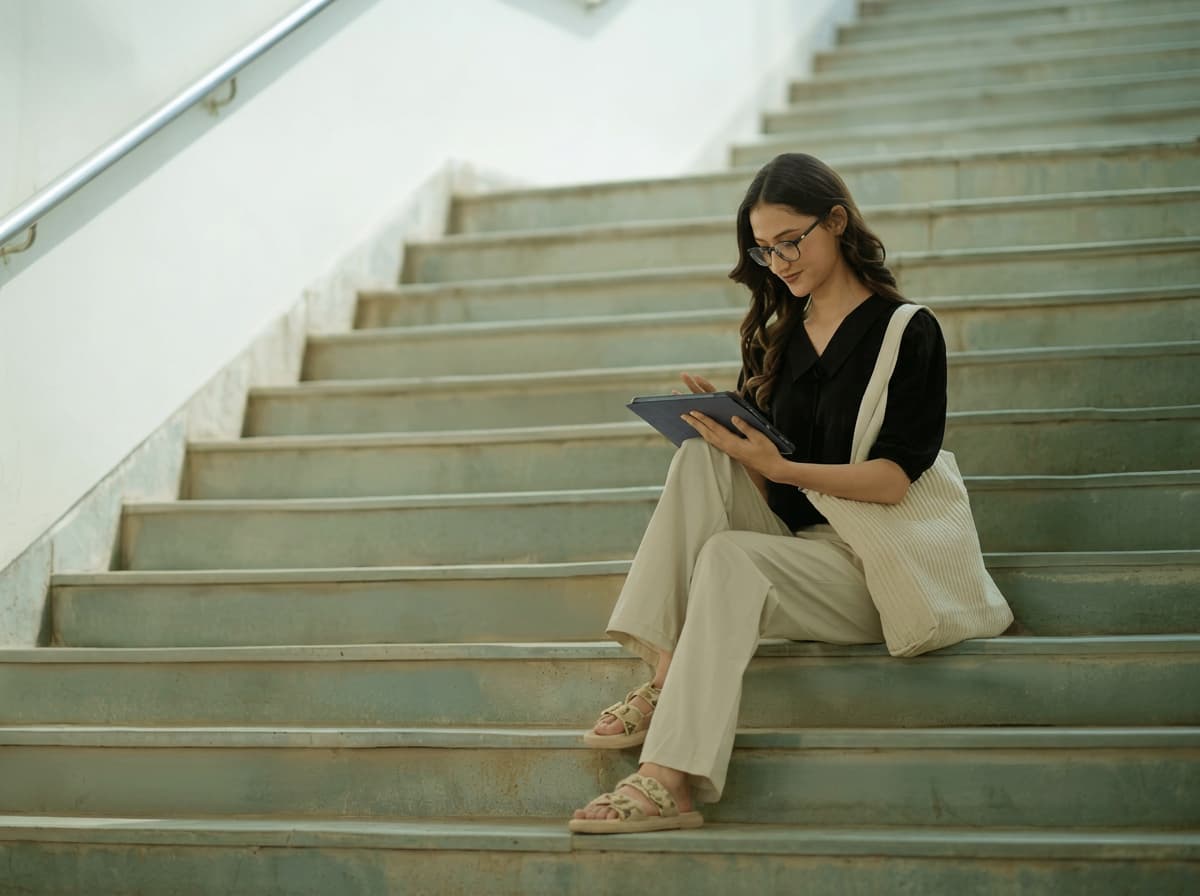 A student reading from a tablet on a wide concrete campus staircase.