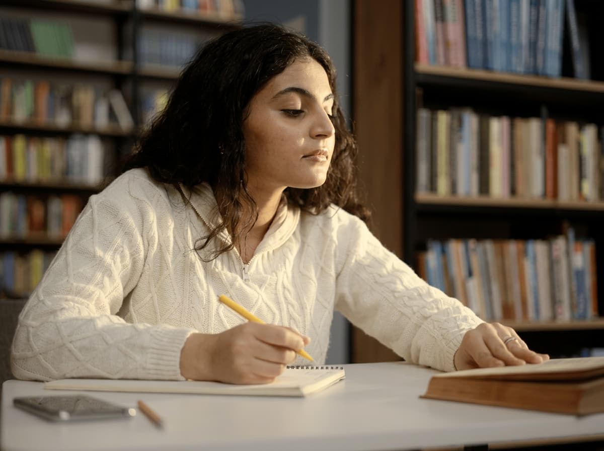 A student writing notes beside an open book in a university library.
