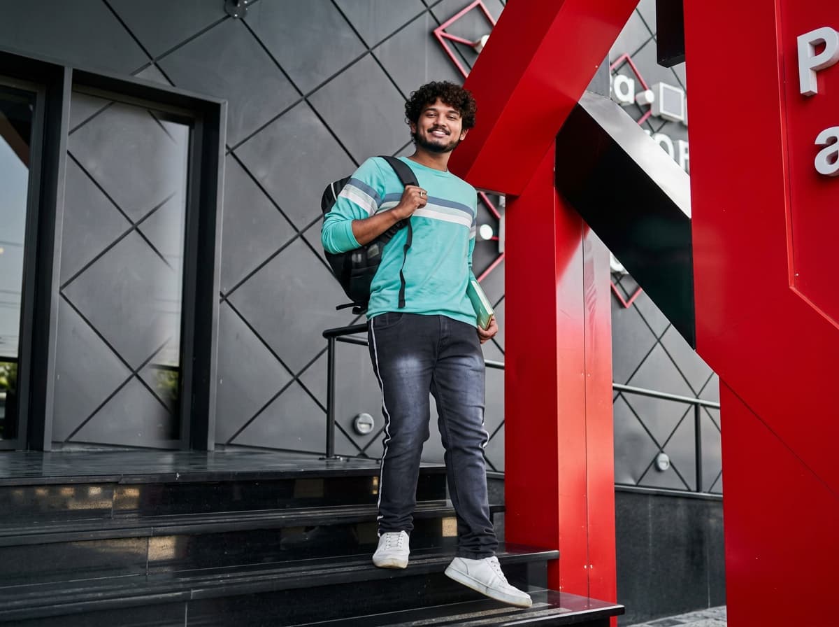 A student with a backpack standing on steps outside a modern red and grey university building.