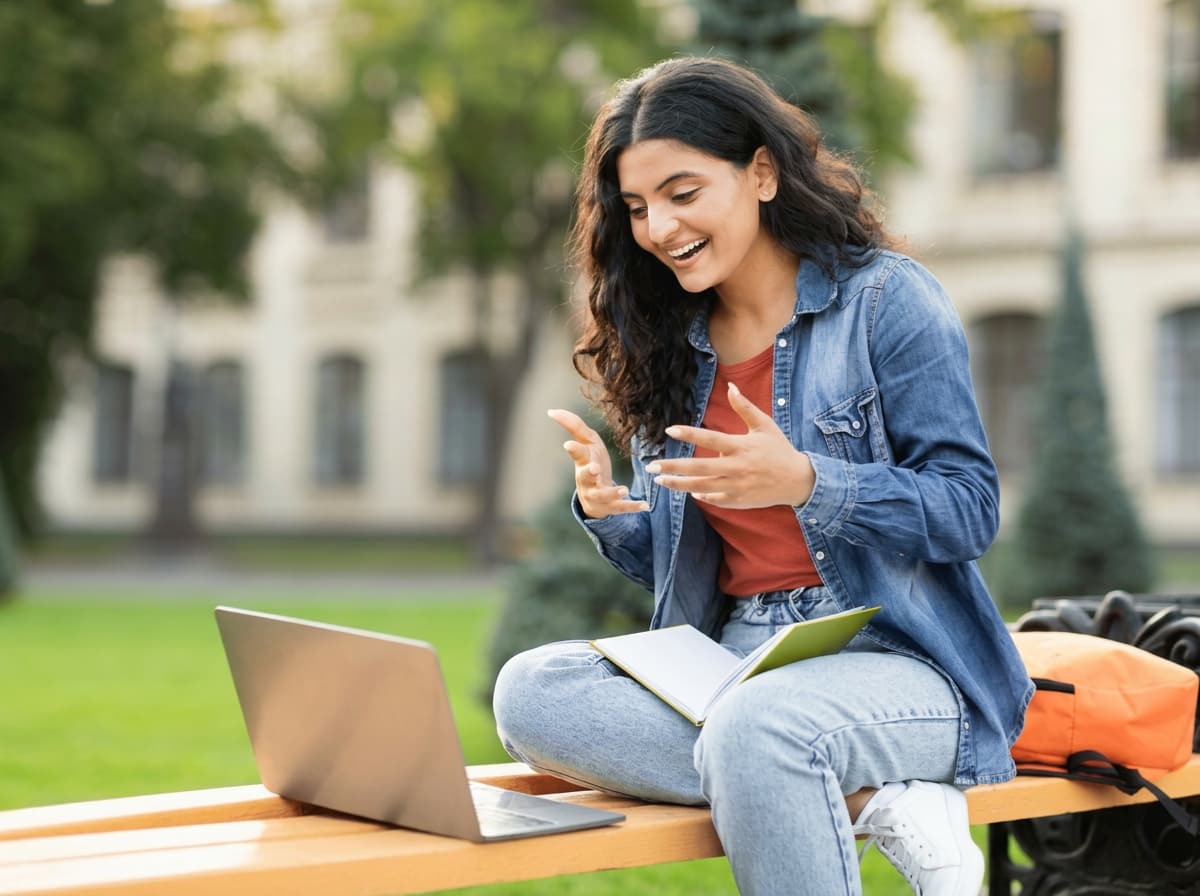 A student laughing during a video call with a laptop on a campus bench.