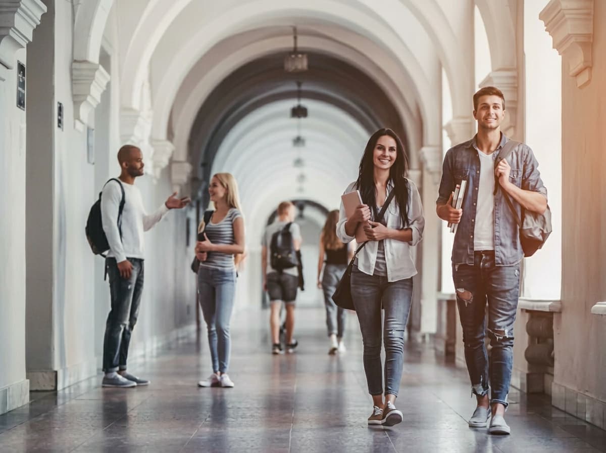 Students walking through a bright arched university corridor.