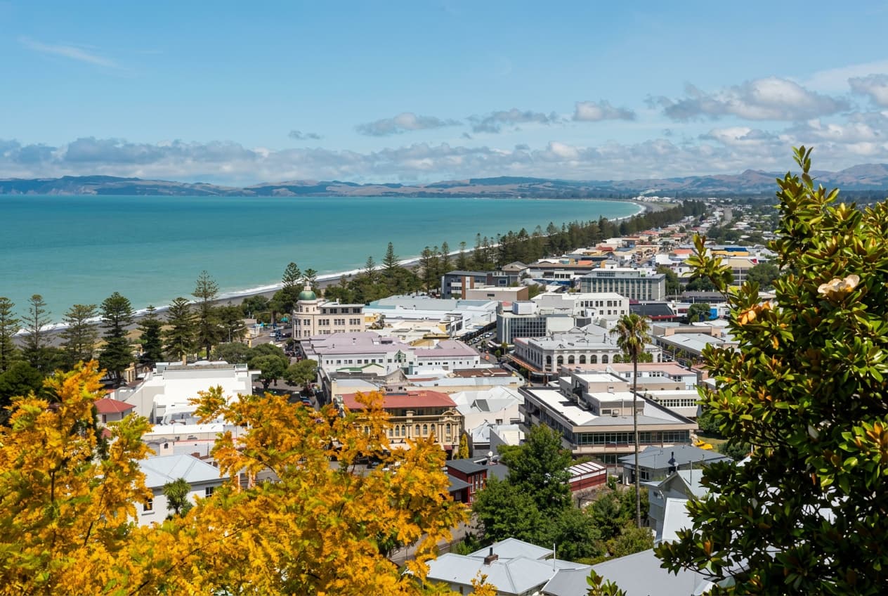 A coastal New Zealand town overlooking a sweeping bay and the sea.
