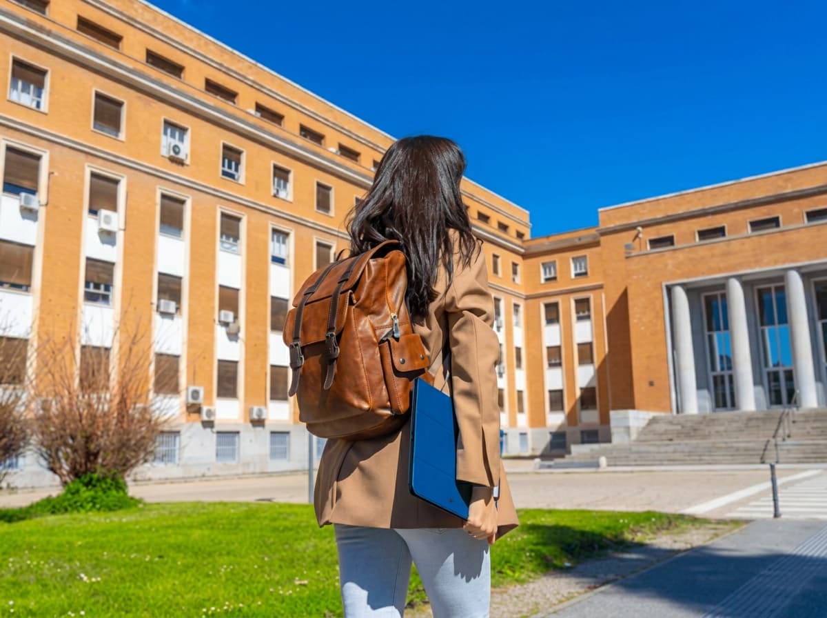 A student with a leather backpack seen from behind, facing a large modernist faculty building.