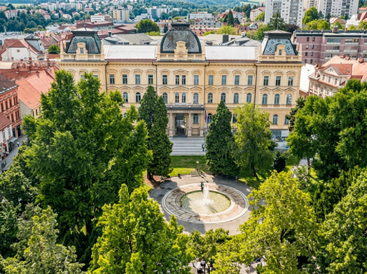 A butter-yellow neoclassical university building with dark domes above a wooded park.