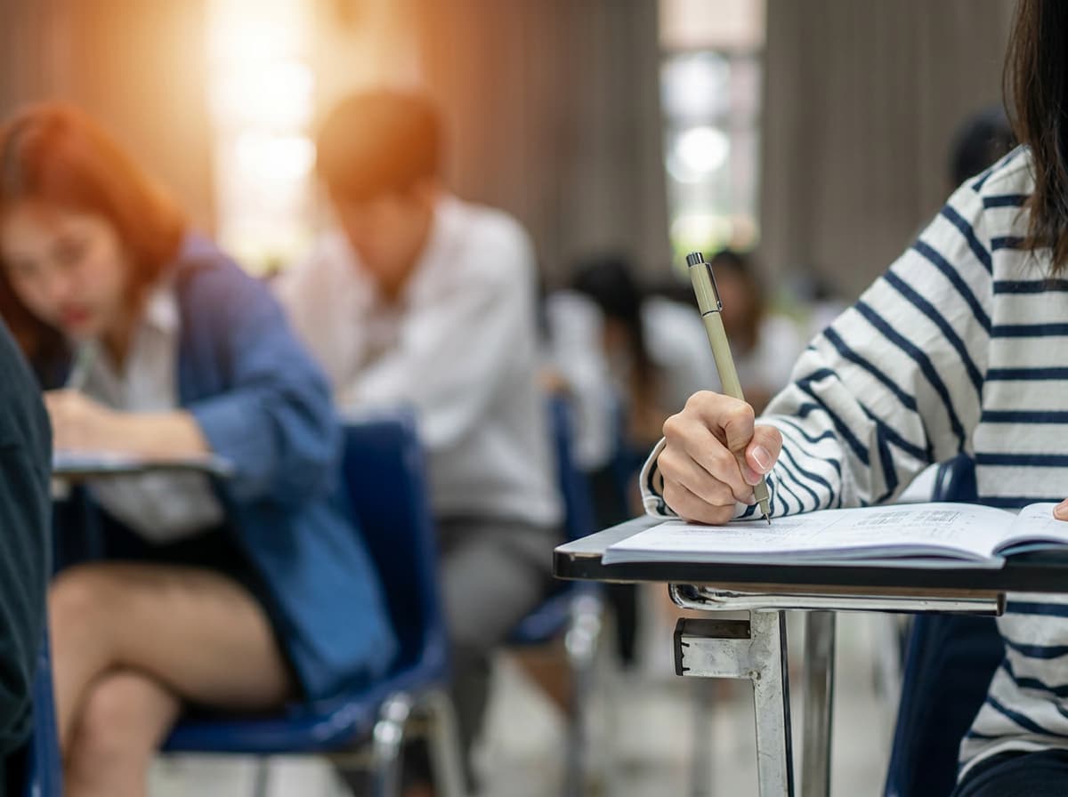 A close view of a hand writing notes at a desk.