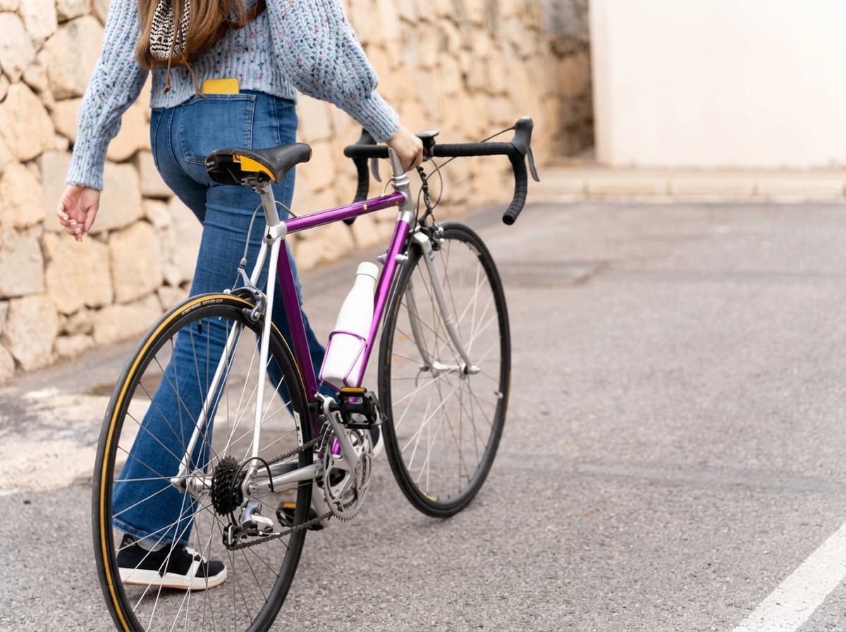 A student walking a bicycle along a sunlit street beside a dry-stone wall.