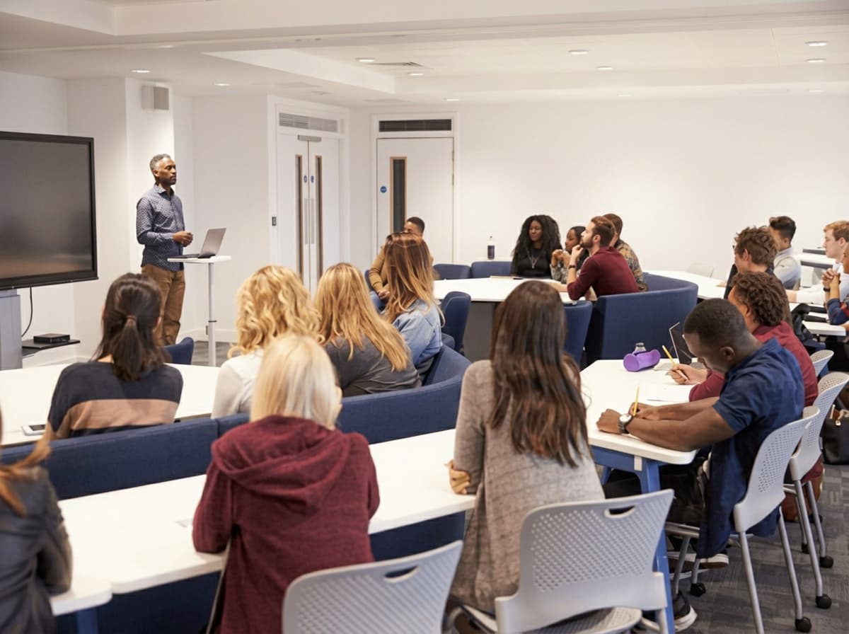 A small group of students talking around a seminar table.