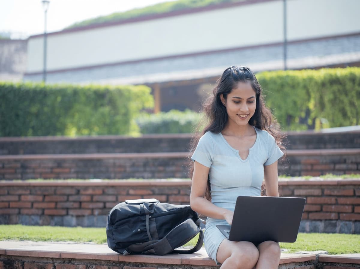 A student comparing study destinations on a laptop on sunlit brick campus steps.