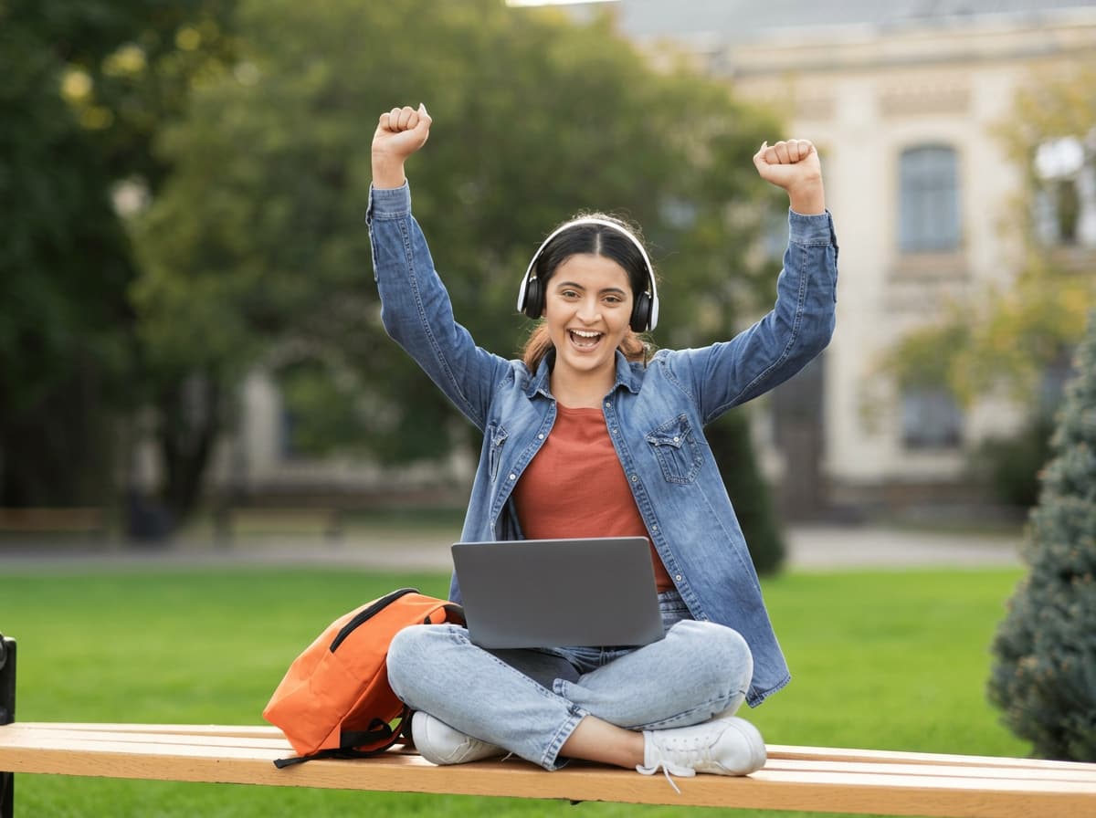 A student on a park bench with headphones and an orange backpack, arms raised in celebration.