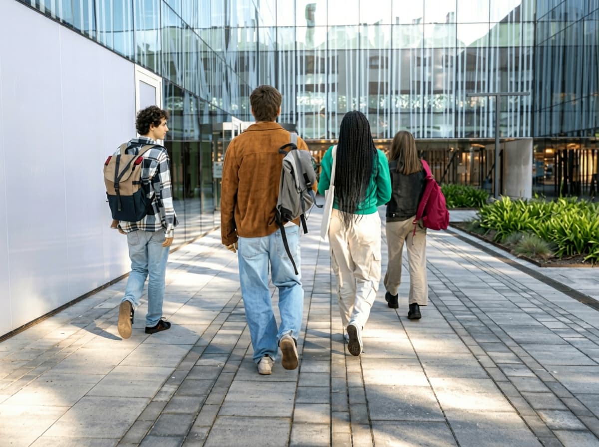 Students walking across a sunlit plaza beside a mirrored-glass campus building.