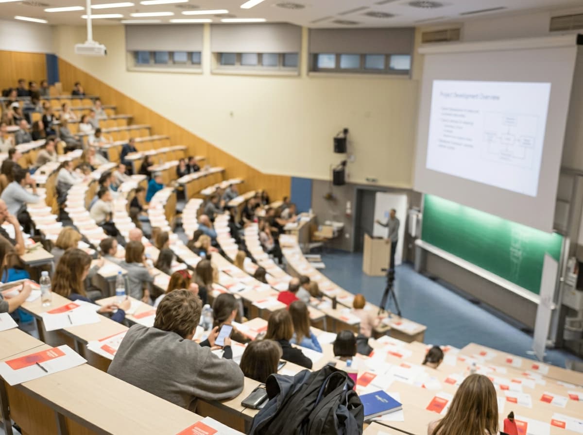 A full tiered lecture theatre seen from the back during a lecture.