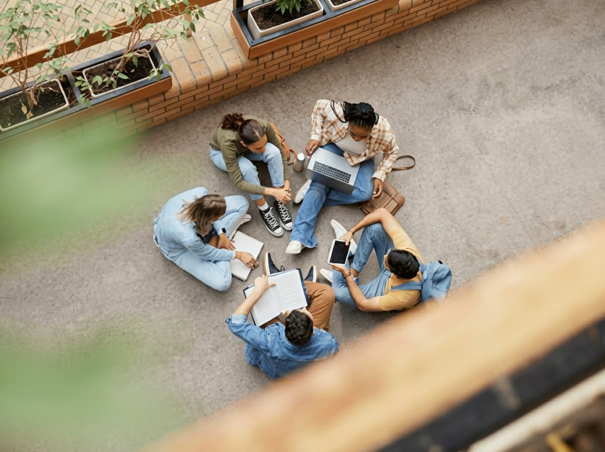 An overhead view of students studying together in a circle outdoors.