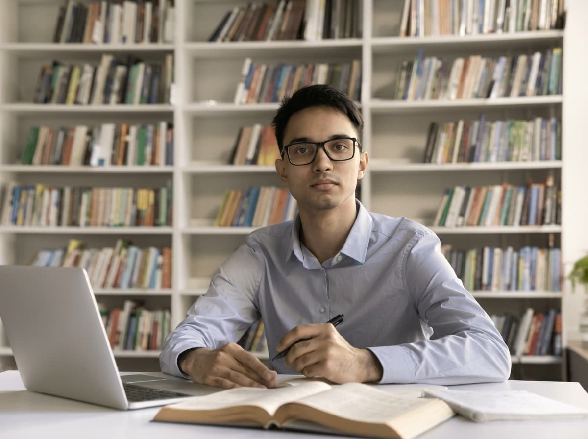 A student working through course notes on a laptop in a university library.