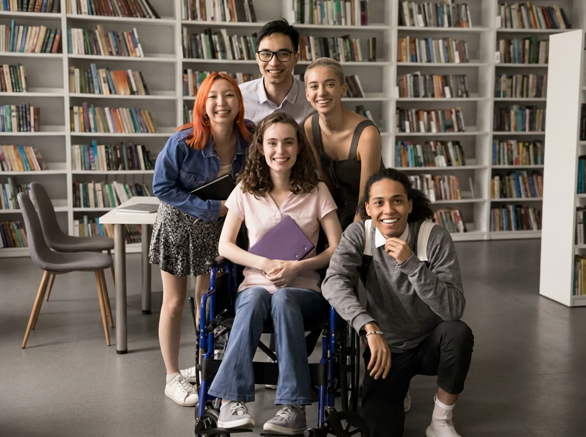 A group of students together in a university library.