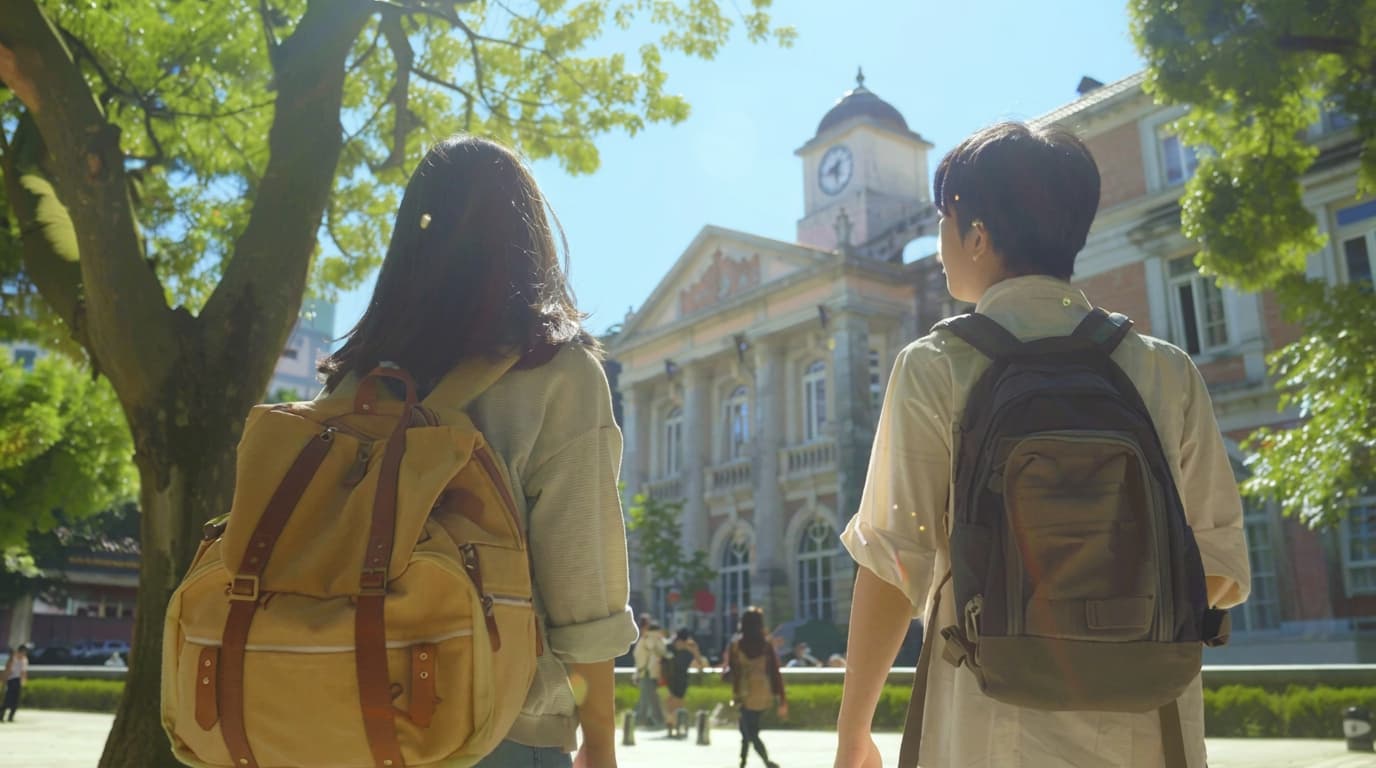 Two students walking towards a red-brick university clock tower.